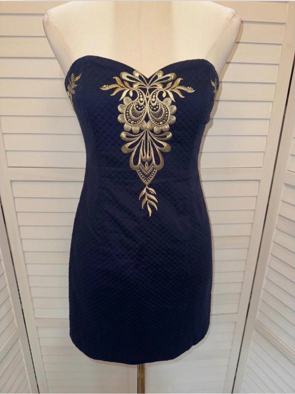 Lilly Pulitzer Demi Dress Women True Navy Gold Embroidered Strapless Mini 00 new - Picture 2 of 8